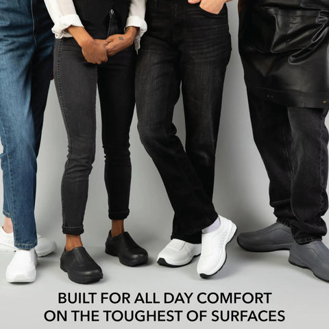 Group wearing All Day Slip Resistant Comfort Work Shoe For Nurses And Chefs With Wide Toe Box in black and white