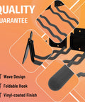 4 Pack Heavy Duty 12 Inch Long Wave Wall Mount Hooks for Ladders Shovels Chairs and Garden Tools Steel Garage Organizer in black with foldable vinyl-coated wave design.