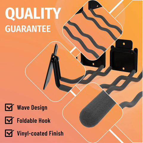 4 Pack Heavy Duty 12 Inch Long Wave Wall Mount Hooks for Ladders Shovels Chairs and Garden Tools Steel Garage Organizer in black with foldable vinyl-coated wave design.