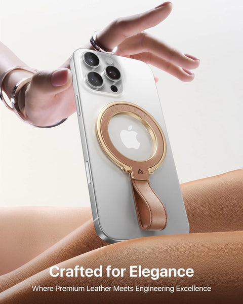 Premium Top Grain Leather MagSafe Phone Grip Holder With Beefy Metal Kickstand And Hella Strong Magnets For No Sweat Daily Carry And Smooth One Handed Control Anywhere on a sleek smartphone.