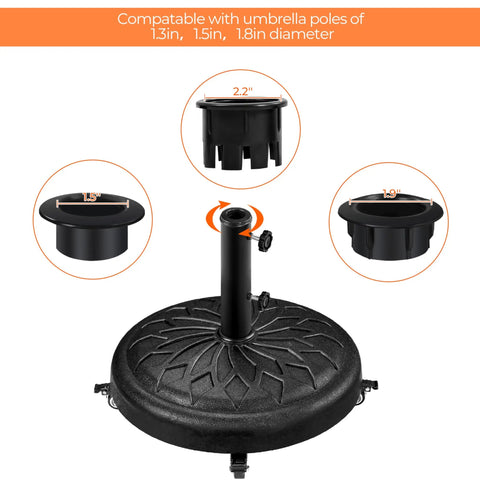Heavy Duty Round Umbrella Base With 4 Lockable Rolling Wheels And 2 Knobs, 45 Lb Weatherproof Resin Iron Stand for 20 Inch Market Patio Umbrellas with Pole Adapters