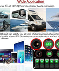 12 Volt Green LED 6 Gang Rocker Switch Panel With USB Charger And Cigarette Lighter Socket Voltmeter Waterproof Marine Boat RV UTV ATV Great For Cars Trucks And More with digital displays and USB ports, showing compatibility with multiple devices and vehicles.