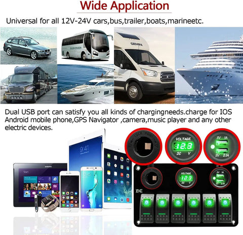 12 Volt Green LED 6 Gang Rocker Switch Panel With USB Charger And Cigarette Lighter Socket Voltmeter Waterproof Marine Boat RV UTV ATV Great For Cars Trucks And More with digital displays and USB ports, showing compatibility with multiple devices and vehicles.