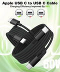 Apple USB C to USB C Cable, black braided design, 60W charging efficiency for fast power delivery.