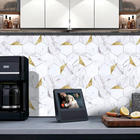 Thick 3mm Hexagon Peel And Stick Backsplash Tiles For Kitchen And Bathroom With Realistic Carrara White Marble Look And Metal Gold Accents