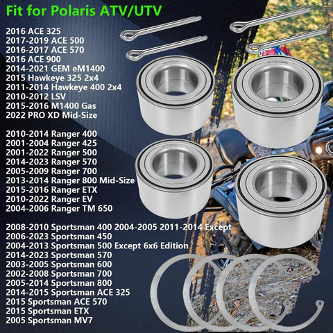 Four Pack Front And Rear Wheel Bearings For Atv Utv Compatible With Ace Ranger Sportsman And Hawkeye Models displayed with installation tools.