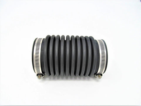 Side view of black rubber exhaust bellows hose with metal hose clamps on both ends.