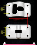 White 6 Inch T Style Entry Door Catch Latch Holder For RV Camper Trailer Hatch Assembly Kit Keeps Swinging Doors In Check Prevents Damage Easy Install Includes 2 Kits Screws Not Included showing screw hole dimensions and arm length on black background.