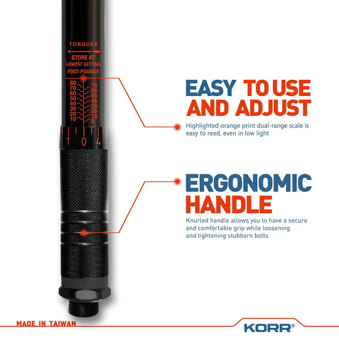 Close-up of 3/8 Inch Drive Click Torque Wrench with easy-read scale and ergonomic handle for precise tightening.