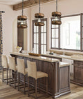 Retro Industrial Round Cage Pendant Light With Metal And Wood Frame hanging over a kitchen island with brown finish.