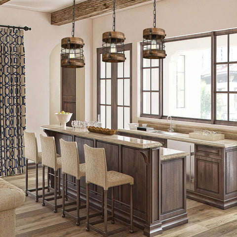 Retro Industrial Round Cage Pendant Light With Metal And Wood Frame hanging over a kitchen island with brown finish.