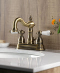 Antique Brass 4-Inch Centerset Bathroom Faucet Deck Mount 3-Hole Setup With Drip-Free Washerless Cartridge on counter