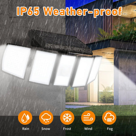 Outdoor Solar Flood Light With Motion Sensor, 5 Heads, 300 LED, IP65 Waterproof, illuminating in rain