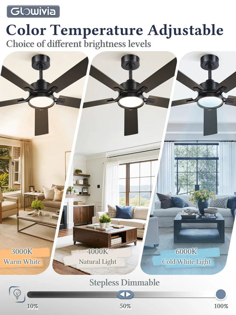 52 Inch Ceiling Fan With Lights And Remote Smart App Control Dimmable With All Setting Memory Quiet DC Motor Reversible Blades Damp Rated For Bedroom Patio And Living Room shown in different color temperatures.