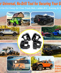 Rock Solid Heavy Duty Mounting Clamps For Truck Cap And Camper Shell Hardware Locks In Tight On The Road Fits Silverado Sierra Ram F150 8 Piece Kit In Sleek Black, showcased in various vehicle settings.