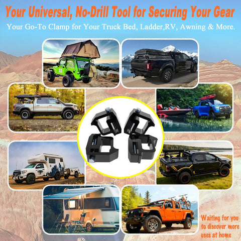 Rock Solid Heavy Duty Mounting Clamps For Truck Cap And Camper Shell Hardware Locks In Tight On The Road Fits Silverado Sierra Ram F150 8 Piece Kit In Sleek Black, showcased in various vehicle settings.