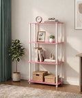 Turn-N-Tube 4-Tier Corner Storage Shelves With Toolless Open Design, Space-Saving Book Organizer For Living Room, Bedroom, Entryway, Hallway, And Laundry, Easy Assembly Without Tools, Soft Pink Finish, Wide Shelves For Books Decor And Baskets. 4-tier pink shelf with books and decor