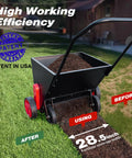 Upgrade Push Lawn Spreader for Compost and Peat Moss, No-Fuss Organic Fertilizer Spreader With Rotating Blades on lawn