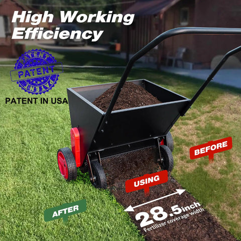 Upgrade Push Lawn Spreader for Compost and Peat Moss, No-Fuss Organic Fertilizer Spreader With Rotating Blades on lawn