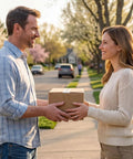 Two people exchanging a brown box outdoors, symbolizing Assorted Shipping Boxes 30 Pack Value Pack With 10 Of Each Size