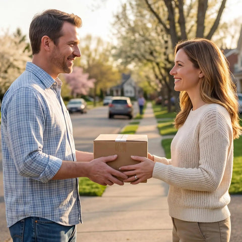Two people exchanging a brown box outdoors, symbolizing Assorted Shipping Boxes 30 Pack Value Pack With 10 Of Each Size
