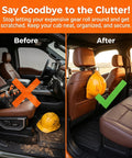 Comparison of truck cab before and after using Hard Hat Buddy Headrest Hook for Trucks and SUVs Heavy Duty Gear Hanger and Backseat Organizer Two Pack.