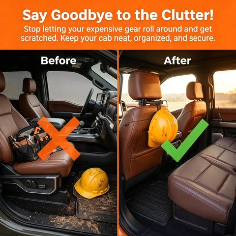 Comparison of truck cab before and after using Hard Hat Buddy Headrest Hook for Trucks and SUVs Heavy Duty Gear Hanger and Backseat Organizer Two Pack.