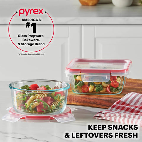 Freshlock 14 Piece Glass Food Storage Containers Set With Airtight Locking Lids BPA Free Leakproof Microwave Safe on kitchen counter with pasta salad