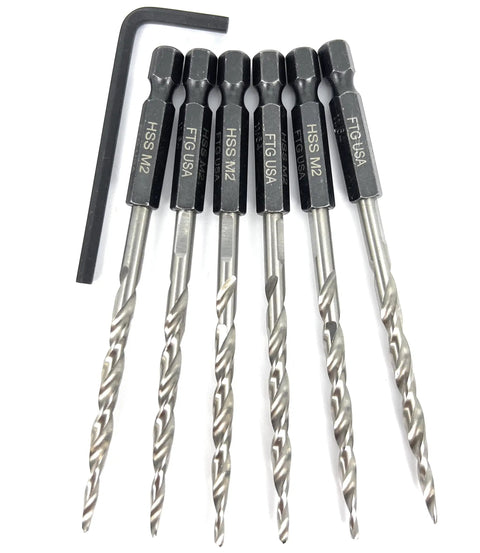 Replacement Tapered Countersink Drill Bit Set Six Piece Number Ten Three Sixteenth Inch Pins Included For Home Improvement Projects And General Drill Bit Replacement Needs, shown with hex key and metal drill bits, front view.