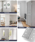 Beefy 4 Inch Exterior Door Hinges Pack Of 6 In Brushed Nickel on doors in various rooms with close-up of hinge.