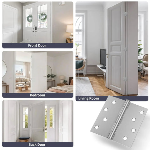 Beefy 4 Inch Exterior Door Hinges Pack Of 6 In Brushed Nickel on doors in various rooms with close-up of hinge.