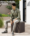 Man sitting on 30 Gallon Outdoor Storage Box Bench With Lockable Lid Waterproof Resin Deck Box For Garden Tools Pool Accessories