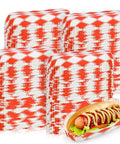 Bulk 300 Piece 6 Inch Disposable Paper Hot Dog Trays Featuring A Red Diamond Grid Layout Grease Resistant Serving Plates For Backyard Cookouts And Weekend Kickbacks.