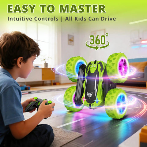 Child playing with 2.4GHz Off Road RC Car With Dual Sided 360 Degree Roll, Four Wheel Drive, High Speed Stunt Racer, LED Headlights, Green Color