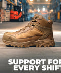 Men's Waterproof Steel Toe Work Boots With Slip Resistant Outsole For Industrial Jobs Paladin Steel Toe Durable Construction Water Resistant Suede Upper ASTM F2413 18 Safety Rating Coyote Color Size 9 displayed on warehouse floor.
