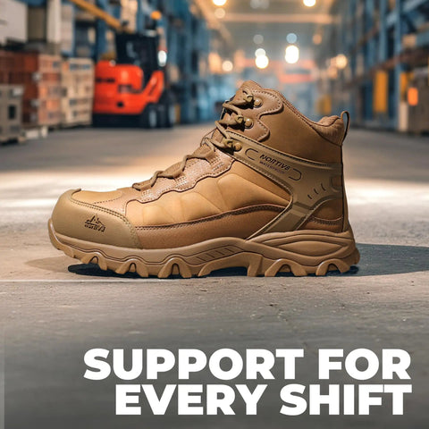 Men's Waterproof Steel Toe Work Boots With Slip Resistant Outsole For Industrial Jobs Paladin Steel Toe Durable Construction Water Resistant Suede Upper ASTM F2413 18 Safety Rating Coyote Color Size 9 displayed on warehouse floor.