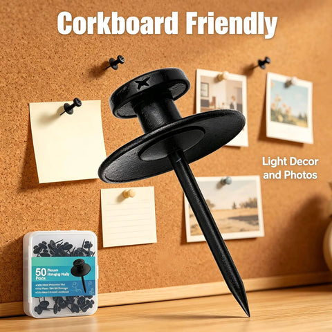 Sleek Double Headed Picture Hanging Nails For Drywall Renter Friendly Push Pins With Hand Protector Set Of 50 All Black Thumb Tacks on corkboard.