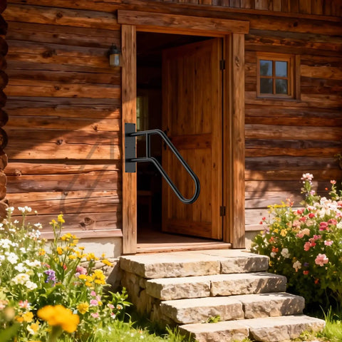 Heavy Duty U Shaped Hand Rail For Outdoor Steps, Black Wall Mount Stair Support With No Sweat Install Kit on a log cabin entrance.