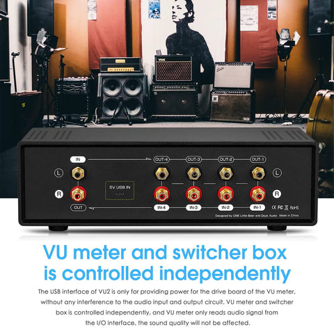 Dual VU Meter Microphone And Line Level Analog Sound Level Indicator, 4 Way Audio Switcher Box For Speaker Amplifier Preamp, Blue Version For Home Studio Setup, black RCA ports