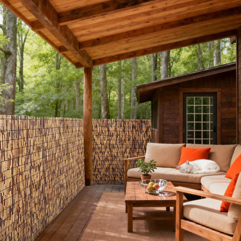 Natural Reed Fencing Roll Bamboo Privacy Screen For Patio Balcony Garden And Yard Outdoor Privacy Fence Roll Decorative Reed Screen For Backyard Vibe 3.8 Ft By 16.4 Ft on a cozy patio with forest view.