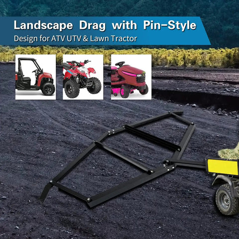 Tow Behind Drag Harrow With Pin Style Hitch 72 Inch Width on gravel road for ATVs, UTVs, and garden tractors with adjustable bars.