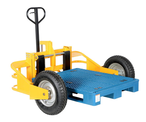 Heavy Duty All Terrain Steel Pallet Truck With Pneumatic Tires And Smooth Steering Glides Over Rough Ground Loads Up To Two Thousand Five Hundred Pounds Without A Sweat On Thirty Two Inch Forks