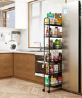 Slim Rolling Storage Cart On Wheels Metal 6 Tier Mobile Shelving Unit For Tight Spaces in a kitchen beside a fridge