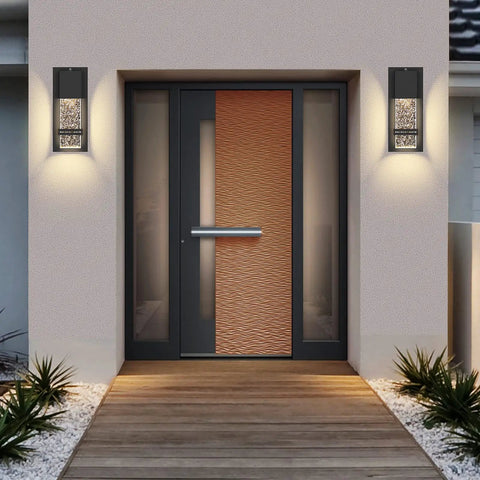 Modern doorway lit by Dusk To Dawn Outdoor Light Fixture Wall Sconces 2 Pack Crystal Bubble Glass Exterior Porch Lights