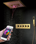 Badass Gold Thermostatic Shower System With Dope 40X40CM LED Ceiling Mount Rainfall And Waterfall Head Solid Brass Faucet Set with smartphone control.