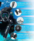 Diver using Half Liter Mini Scuba Tank Portable Lung Tank 3000 PSI DOT Certified Dive Air Tank for snorkeling with features highlighted.