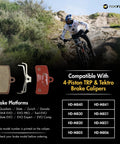 Performance Semi Metallic 4 Piston Bicycle Brake Pads Set For All 4 Piston Calipers With Caliper Spring Included One Pair Built For Tough Trails And Beefed Up Downhill Rides next to mountain biker on rocky trail
