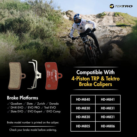 Performance Semi Metallic 4 Piston Bicycle Brake Pads Set For All 4 Piston Calipers With Caliper Spring Included One Pair Built For Tough Trails And Beefed Up Downhill Rides next to mountain biker on rocky trail