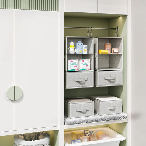 6 Shelf Hanging Closet Organizer With 3 Removable Fabric Drawers Space Saving Wardrobe Shelves For Clothes Toys And Accessories Must Have For Nursery And Dorm Storage Easy Access Clear View Silver Gray in closet