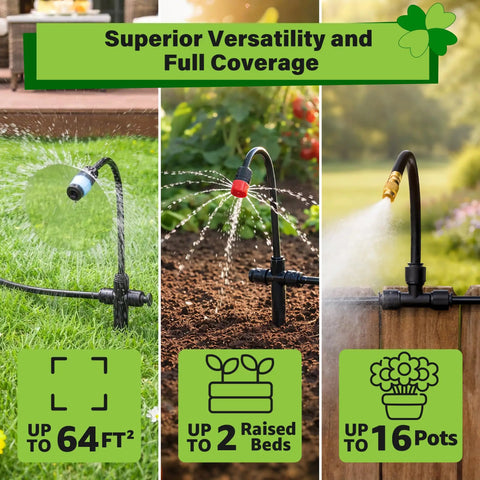 Upgraded 2026 360 Degree Adjustable Drip Irrigation Kit with bendable tubing and three spray nozzles in garden setup.
